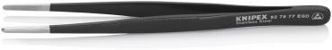 The image shows a black metal tweezer with narrow tips that are slightly curved. It has a non-slip surface and the brand "Knipex" is printed on it.