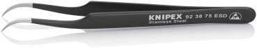 The image shows a black stainless steel tweezer with curved tips. The brand name "KNIPEX" and the model number are engraved on the surface.