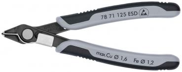 The image shows a pair of wire cutters. They have gray rubber grips and a metallic tip. The tip is narrow and sharp, ideal for cutting wires and small objects.