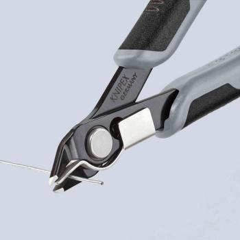The image shows a wire cutter pliers. The grip areas are black and gray, while the cutting blades appear shiny and sturdy. A wire is held at the end of the pliers.
