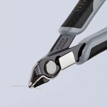 The image shows a diagonal pliers with a black and gray grip area. The cutting edge is sharp and shiny, ideal for precise cutting of wires or fine materials.
