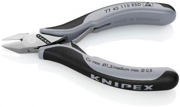 The image shows a small, ergonomic pliers with gray and black handles. The blades are pointed and shiny, ideal for cutting fine wires. The handle reads "KNIPEX".