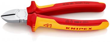 The image shows a red and yellow pliers with a narrow, flat tip. The handles are ergonomically shaped and are insulated for electrical protection. The brand "Knipex" is visible on the handles.