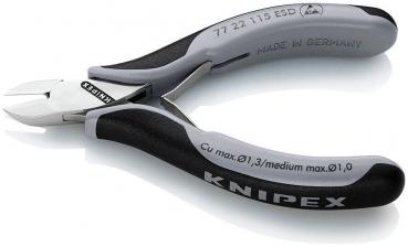 The image displays a small, serrated side cutting pliers with an ergonomic handle made of black and gray plastic. The pliers feature a sharp cutting edge and an engraved brand name.