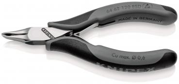 The image shows a pair of pliers with long, narrow blades and an ergonomic handle. The handle is black with gray elements, and the blades are metallic and shiny.