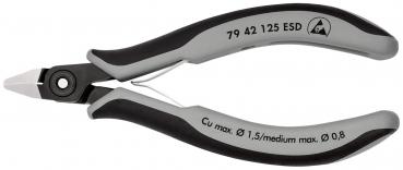 The image shows a small pair of pliers with gray and black handles. The cutting edge is pointed and narrow, ideal for precision work. Technical details are printed on the handle.