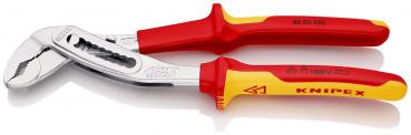 The image displays a red and yellow set of pliers. The handle is ergonomic with non-slip material. The jaws are made of shiny metal with an adjustable opening for various sizes.