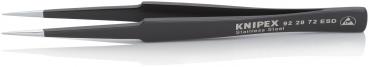 The image shows a narrow, black stainless steel tweezer with pointed tips that provide a non-slip grip. The brand name and model number are embossed on the handle.