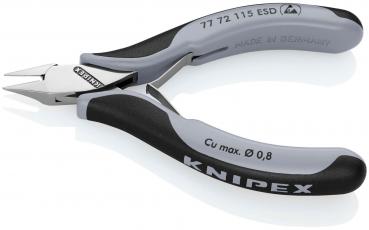 The image shows a small, pointed pair of pliers with gray and black handles. The pliers have a curved body and a sharp cutting edge, suitable for precise cutting.