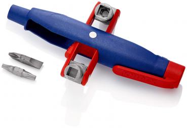 The image shows a tool with a blue, elongated handle and red accents. On the sides, there are two removable bits, including a Phillips and a flathead screwdriver. There is also space for additional bit storage.