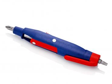 Das Bild zeigt einen blauen Schraubendreher mit roten Akzenten. Er hat einen ergonomischen Griff und an beiden Enden Schraubenköpfe, die wechselbar sind.