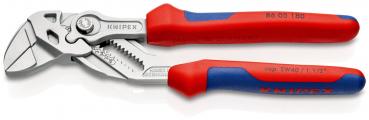 This is a pair of pliers with curved gripping surfaces and non-slip, red-blue plastic handles. It features a sturdy, shiny metal surface and is versatile in use.