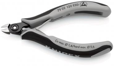 The image shows a diagonally serrated pliers with a black and gray handle. The cutting surfaces are narrow and sharp, ideal for cutting wire or small objects.
