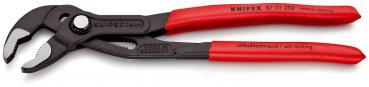 The image shows a black pair of pliers with red handles. The pliers have an adjustable opening, wider at the top and narrower at the bottom, ideal for gripping objects.
