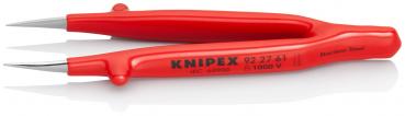 The image shows a red pair of pliers with sharp, curved grippers. The handles are ergonomically shaped and labeled. The pliers are suitable for precise work.