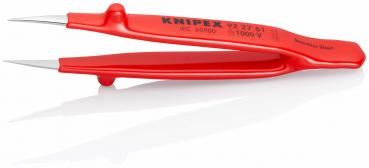 The image displays a red pliers with two long, pointed tips. It features an ergonomic handle and a label with the KNIPEX brand along with technical specifications.