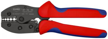 The image shows a crimping tool with red and blue handles. The jaws are black and feature various notches for crimping cables.