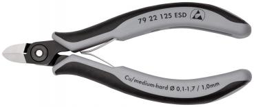 The image shows a pair of pliers with a gray and black plastic handle. It has a sharp cutting edge at the tip and is designed for cutting wire or fine materials.
