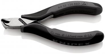 Das Bild zeigt eine kleine Zange mit kurzen, abgerundeten Klingen. Der Griff ist schwarz mit rutschfester Oberfläche. Auf dem Griff steht der Markenname "Knipex" sowie technische Informationen.