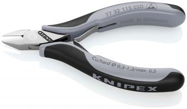 The image shows a precise pair of pliers with gray and black handles. It has a slim, flat tip for gripping and cutting, suitable for delicate tasks.