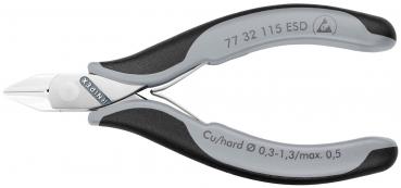 The image shows a flat, pointed pair of pliers with gray rubber grips. The pliers have a silver, shiny cutting edge and a label on the handle. It is suitable for precise work.