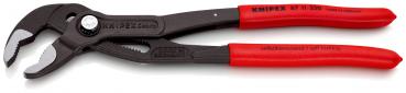 The image shows a sturdy pair of pliers with black jaws and red, non-slip handles. The jaws have a serrated surface, ideal for gripping and holding objects.