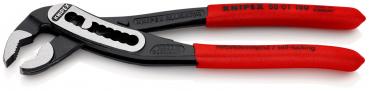 The image shows a pair of pliers with red handles and a metallic, shiny working surface. The pliers have an ergonomic design and are suitable for gripping and holding objects.