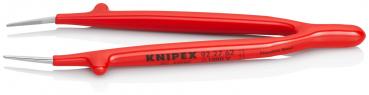 The image shows a red pliers with long, pointed gripping arms. It has a curved handle and is suitable for precise gripping and holding. The brand "KNIPEX" is printed on it.