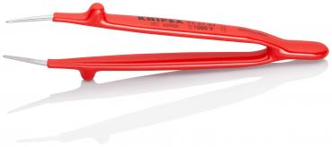 The image shows a red tweezer with long, narrow tips. It has an ergonomic handle and is ideal for gripping small objects. The surface is smooth and shiny.