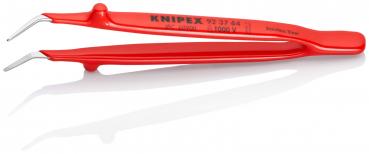 The image shows a red-painted pliers with two curved, pointed ends. It has a non-slip handle and the inscription "KNIPEX" is visible. The pliers are on a white surface.