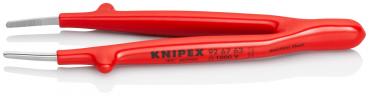 In the image, there are red pliers depicted, which have a slim, elongated shape. The handles are ergonomically designed, and the pliers bear the inscription "KNIPEX".