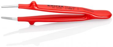 The image shows a red pair of pliers with two long, narrow tips. It is ergonomically shaped and has a smooth surface. The tips are slightly curved and the pliers are open.