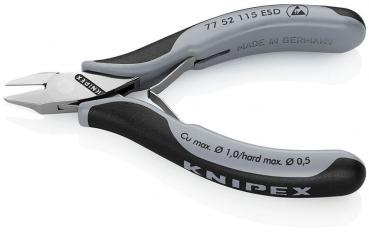 Das Bild zeigt eine präzise Zange mit kurzen, schmalen Spitzen und ergonomischen, griffigen Gummihandgriffen. Sie trägt die Marke "KNIPEX" und ist für feine Arbeiten ausgelegt.