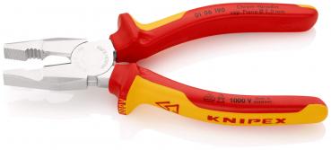 The image shows a red-yellow pliers with smooth and serrated jaws. It has a sturdy, ergonomic shape and is suitable for craftwork. Marked with "KNIPEX".