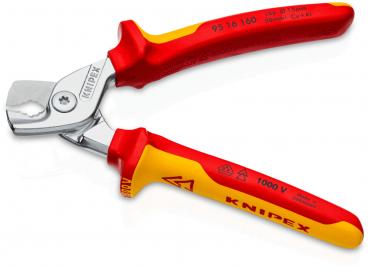 The image shows a pair of pliers with red-yellow plastic handles. The pliers have a smooth blade that looks sharp, and are suitable for electrical work. The manufacturer name 