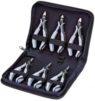 Das Bild zeigt ein schwarzes Etui mit Reißverschluss, das fünf verschiedene Zangen enthält. Die Zangen haben graue Griffe und sind ordentlich im Etui angeordnet.