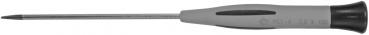 The image shows a screwdriver with a long, slender steel head and a gray handle with a black rubber tip. The handle is ergonomically shaped.