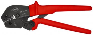 The image shows a cable cutter with red handles and a black metal head. The head has various notches for cutting and stripping cables.