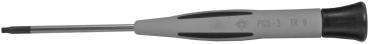 The image shows a screwdriver with a long, thin metal shaft and an ergonomic gray handle that has black rubber inserts for better grip.