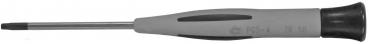 The image shows a silver screwdriver with a long, thin handle. The handle is gray with black rubber trim, providing good grip. The tip is designed for Torx screws.