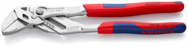 The image shows a pair of pliers with red-blue handles. It has a shiny, metallic head with a narrow and a wider jaw, suitable for gripping and cutting objects.