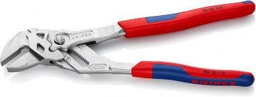 The image shows a pair of pliers with a metallic head and red and blue plastic handles. The head has a pointed and a flat edge, suitable for gripping and cutting.