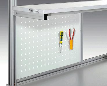 The image displays a tool wall with a perforated surface. Two tools are hanging on it: a screwdriver with a blue handle and a pair of pliers in red. The wall has a modern, minimalist design.