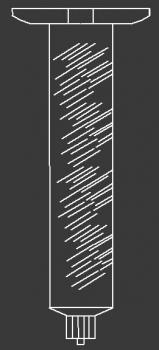 Das Bild zeigt eine schematische Darstellung einer zylindrischen Form mit einer breiten Oberseite und einer strukturierten, drehbaren Mitte. Die Unterseite hat eine Öffnung oder Ventil.