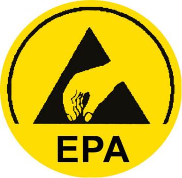 The image shows a yellow circle with a black triangle in the center. Inside this triangle, a hand is depicted. Below it, 