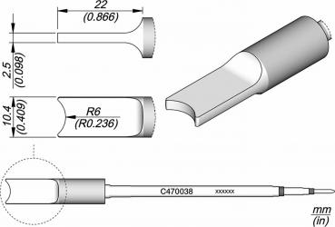 The image displays a technical drawing of a component with various views: from the side, top, and bottom. It includes dimensions in millimeters and features a special shape with rounded edges.