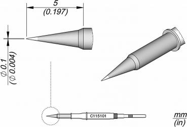 The image displays technical drawings of a conical object from various perspectives. It includes dimensions in mm and a label (C115-103) on the side.