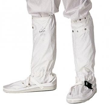 Das Bild zeigt zwei Beine, die mit hellblauen, wasserabweisenden Beinstulpen bedeckt sind. Die Stulpen sind locker und reichen bis zur Mitte der Waden. Dazu werden weiße, flache Schuhe getragen.