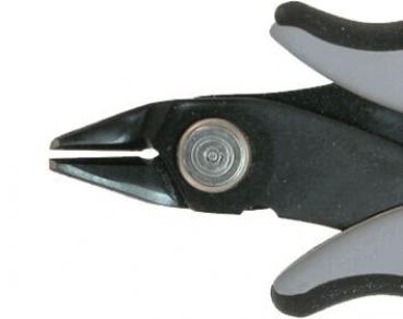 The image shows a pair of pliers with gray and black handles. The halves of the pliers are slightly open, and at the tip, two narrow blades are visible. They are intended for gripping or cutting.