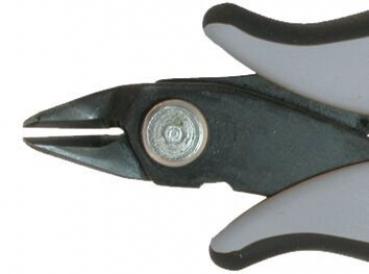 The image shows the tip of a pair of pliers. The pliers have gray, ergonomic handles and a narrow, pointed working surface that is suitable for precise cuts.